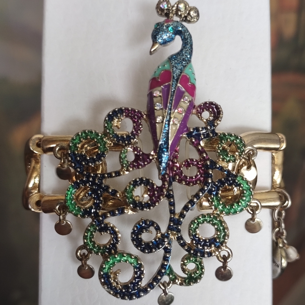 Betsey Johnson Colorful Peacock Stretchy Cuff Bracelet Gold Tone